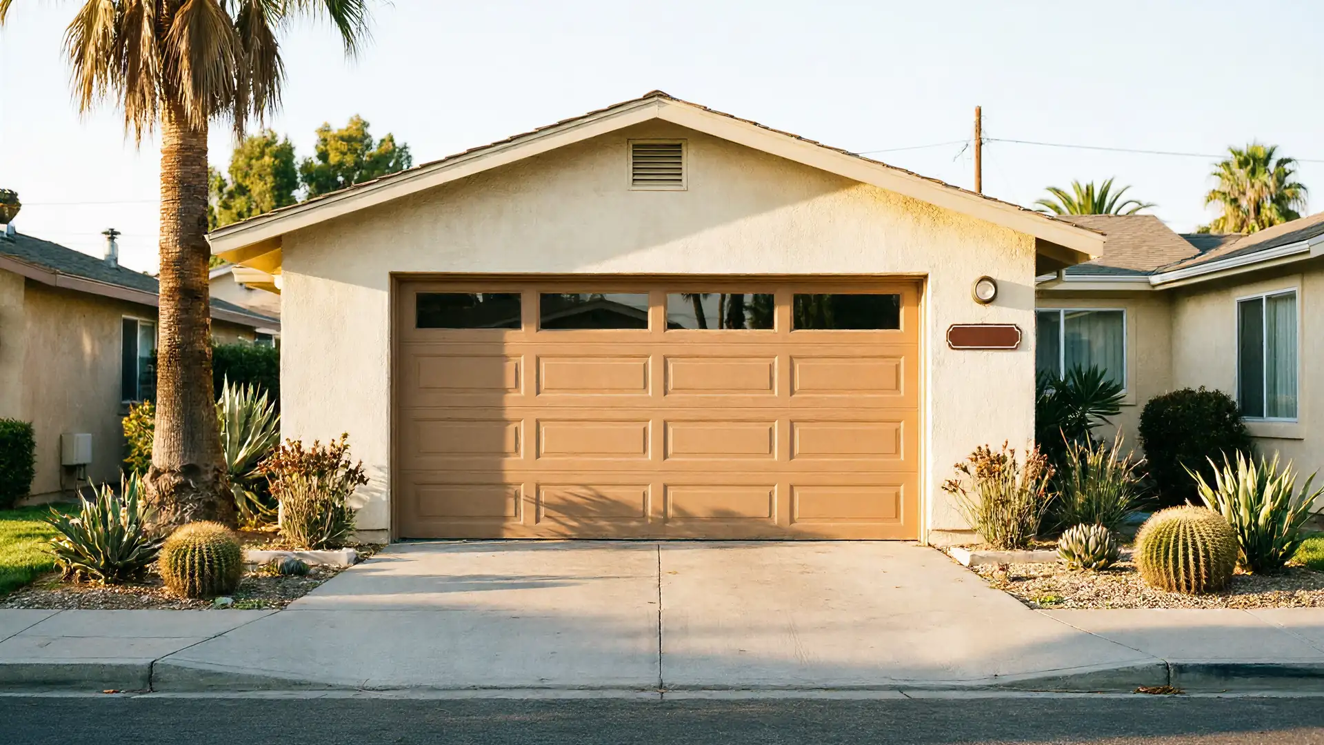 A light brown garage door with windows is on a beige house.