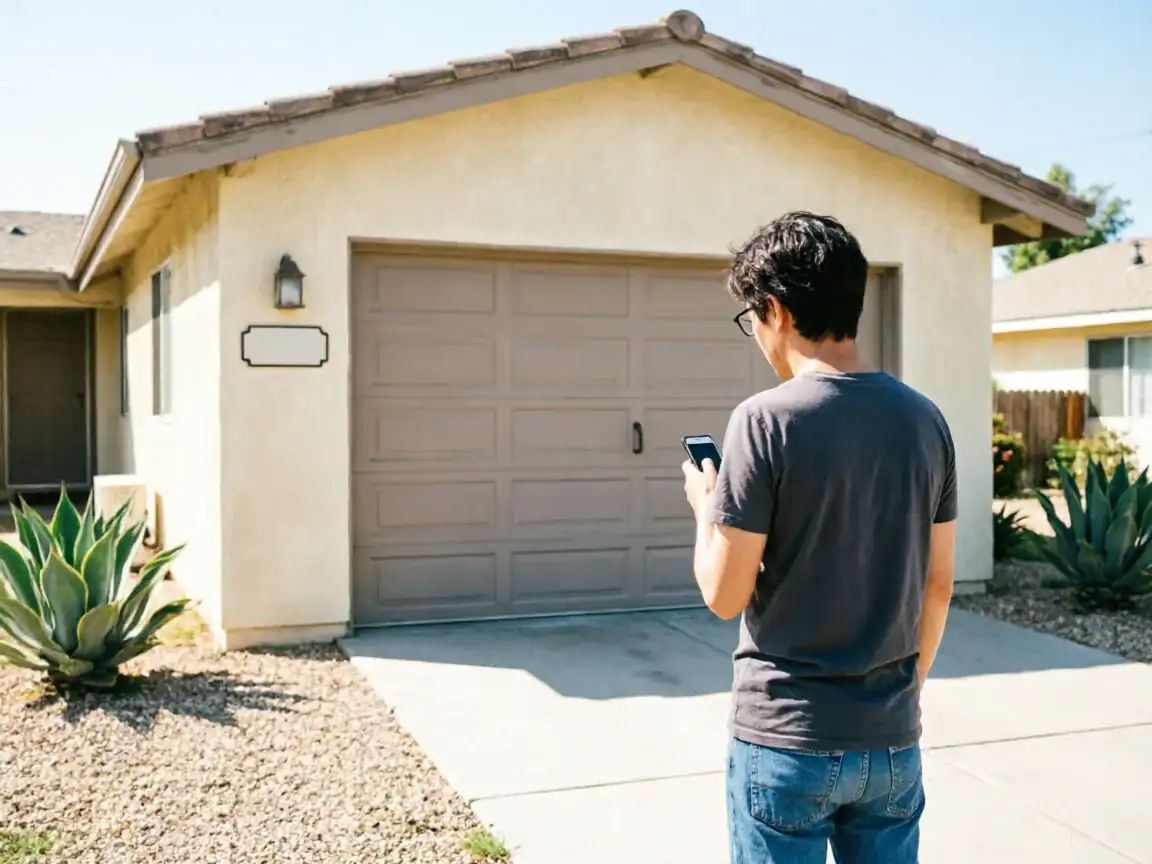 A person stands in front of a house with a closed brown garage door.