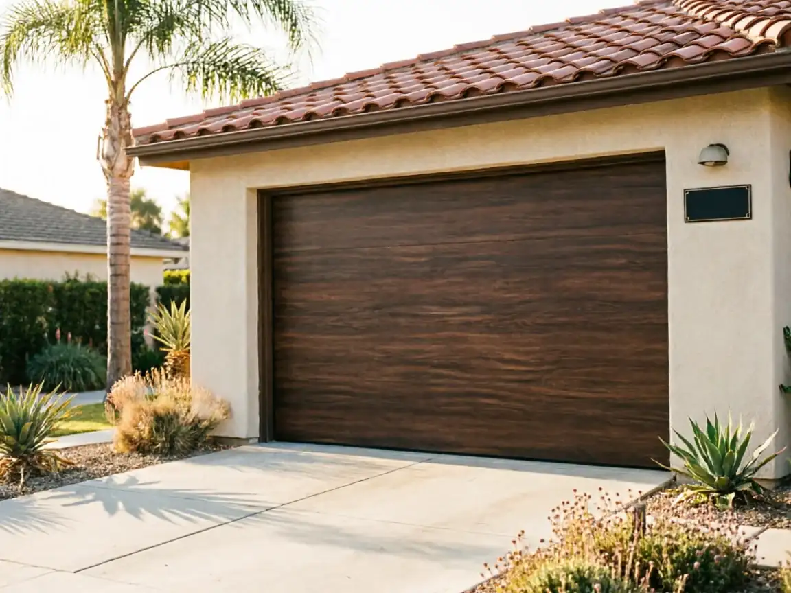 A brown wood-look garage door is on a stucco house with a red tile roof.