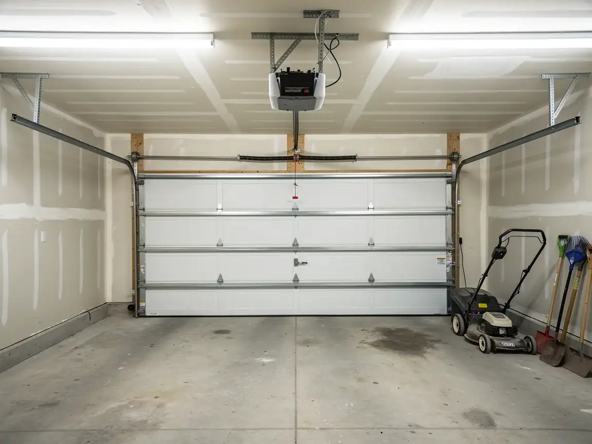 A white garage door is closed inside a garage with a garage door opener.