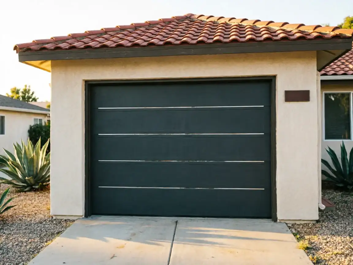 A dark gray garage door with horizontal silver lines is on a stucco house.